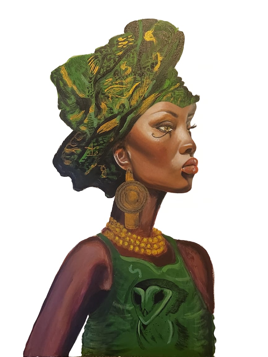 Profile of a woman in a green-and-gold head wrap with gold jewellery and an owl motif on her top